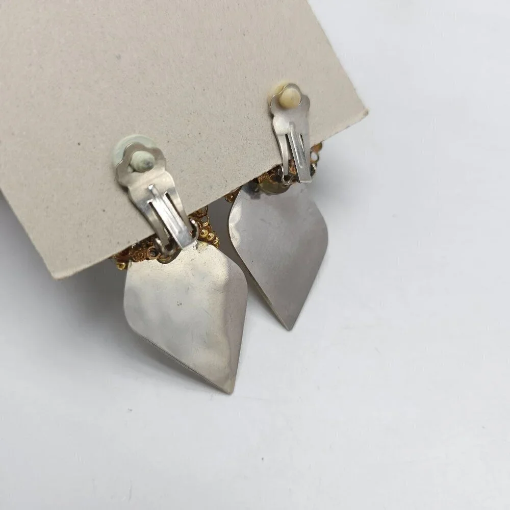 Vintage 1980s Gold Tone Clip On Earrings With Crystal Mother-Of-Pearl Beads